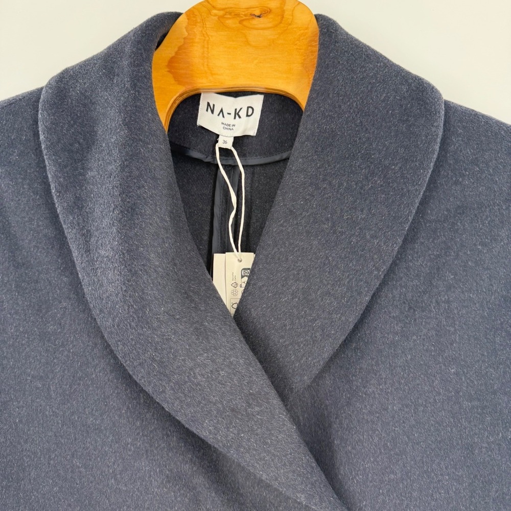 NA-KD Wool Blend Short Coat Navy Blue Double‎ Breasted Shawl Collar EU 36 NEW - Picture 6 of 11